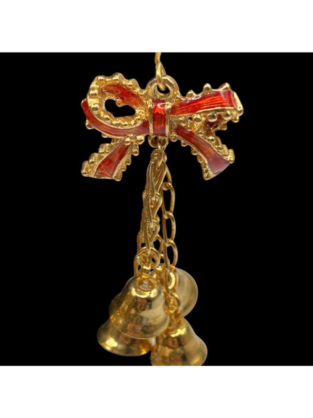 Christmas Bells Earrings & Bracelet With Enamel Red Bows Size 6.5 Gold Tone - Picture 2 of 6